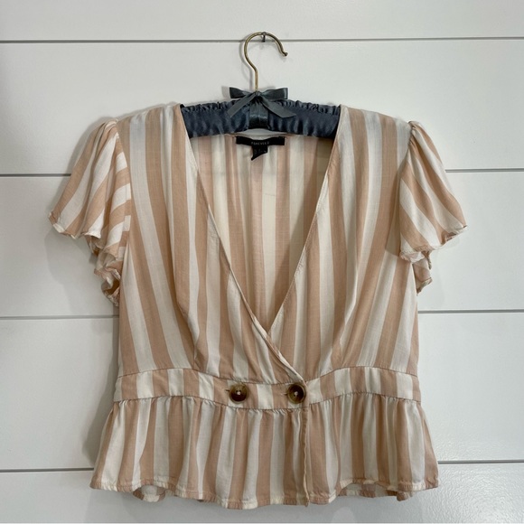 Forever 21 (S) - Cream & Beige Striped Front Button Crop Top - Picture 1 of 8